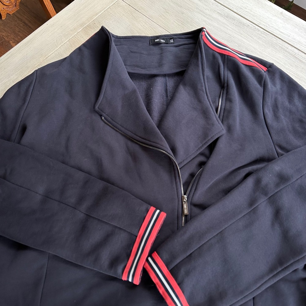 SAINT + SOFIA Navy Moto Biker Jacket Asymmetrical Women's Size 16 Organic Cotton